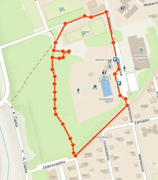 Mapa trati 1 km — okruh kolem areálu Lanáček v Otrokovicích