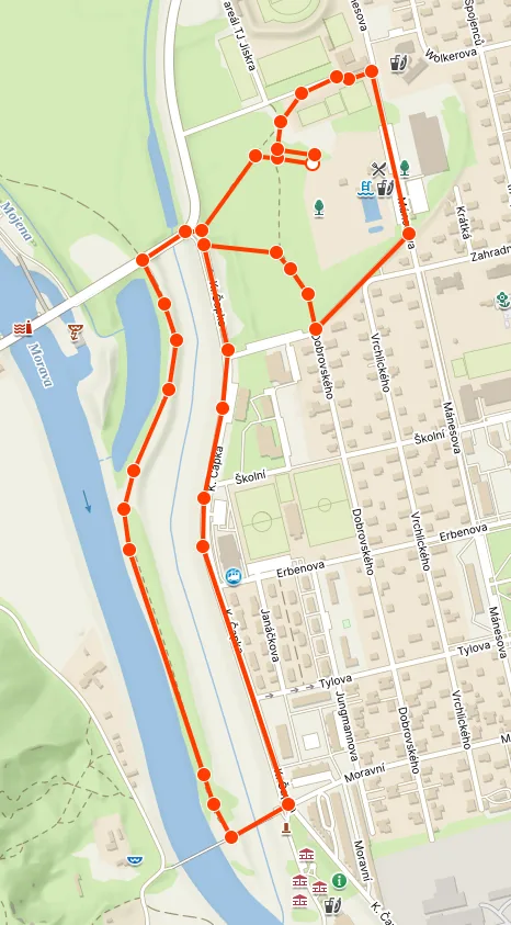 Mapa trati 3 km — okruh podél řeky Moravy v Otrokovicích