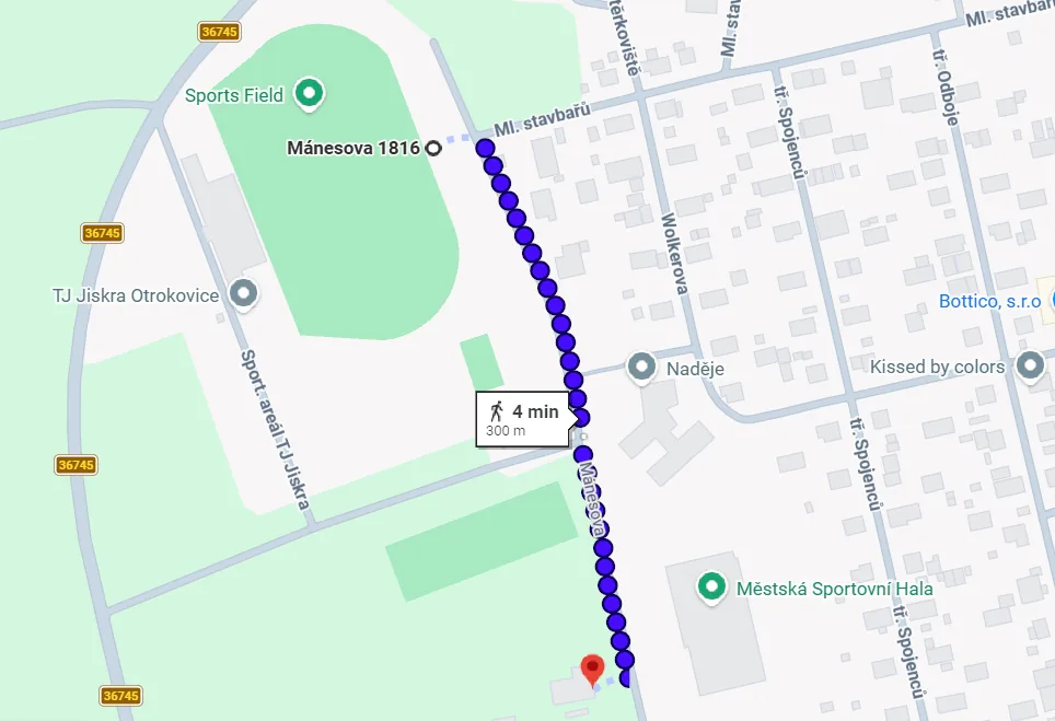 Mapa parkování u areálu Lanáček a stadionu TJ Jiskra v Otrokovicích